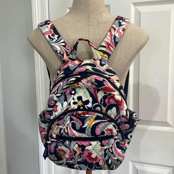 Vera Bradley Floral Mod Quilted Essential Compact Backpack zipper pockets navy main image 15